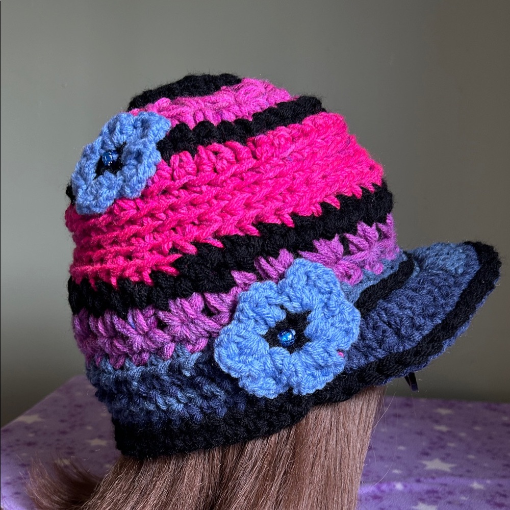 Crochet newsboy Hat with Floral Accents - multi colored acrylic medium